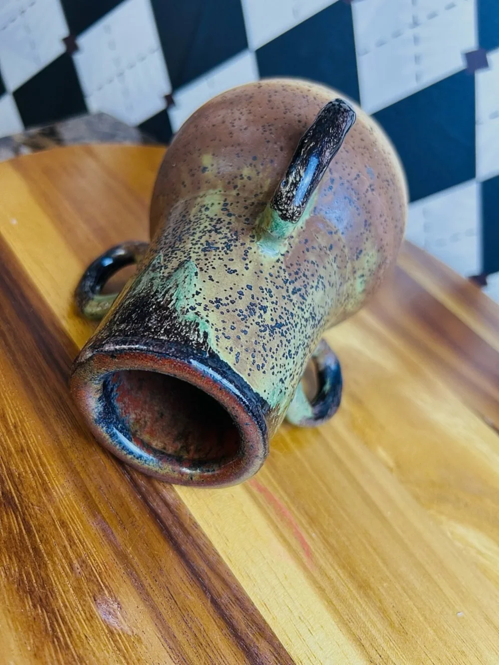 Triple Handle Studio Pottery Vase Signed Speckled Earth‎ Tone Rustic Green Beige